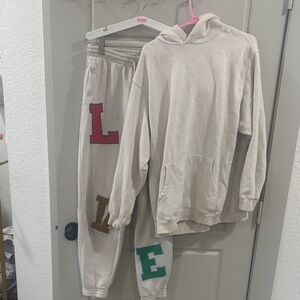 AERIE Cream Hoodie and Sweatpants Set with Green Letter, both medium